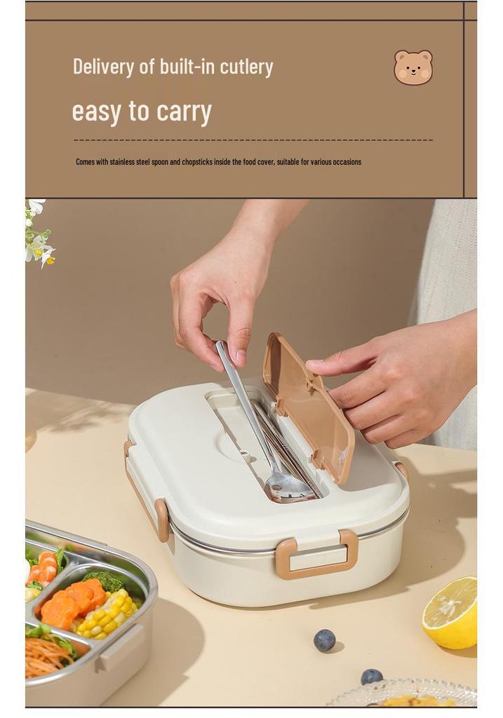 Bear Cartoon Bento Lunch Box - Microwave Safe, Insulated with Three or Four Compartments for Students and Office Workers