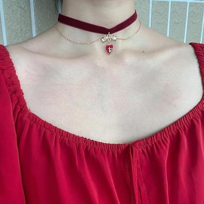 Wine Red Velvet Heart Choker Necklace for Women