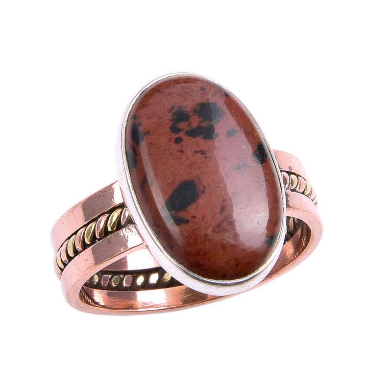 Natürlicher Mahagoni Roter Obsidian Zweifarbig 925 Sterlingsilber Schmuckring Gr. 10 p3J78