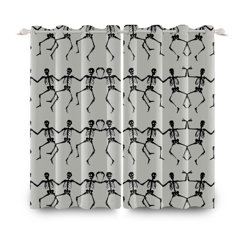 2pcs/set Skeleton Skull Black Window Curtain Horror Halloween Haunted House Home Bedroom Decor Blackout Polyester Fabric Curtain
