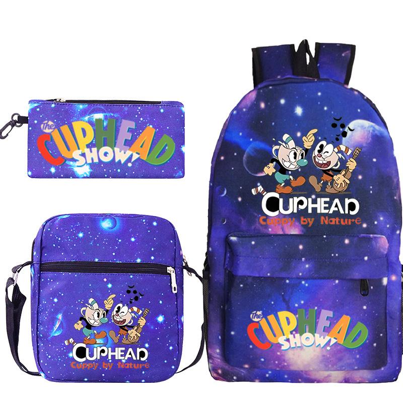 Cartoon Teacup Head Cuphead Student Backpack Oblique Span Bag Pencil Bag Primary And Secondary School Students Children'S Schoolbag Three-Piece Set
