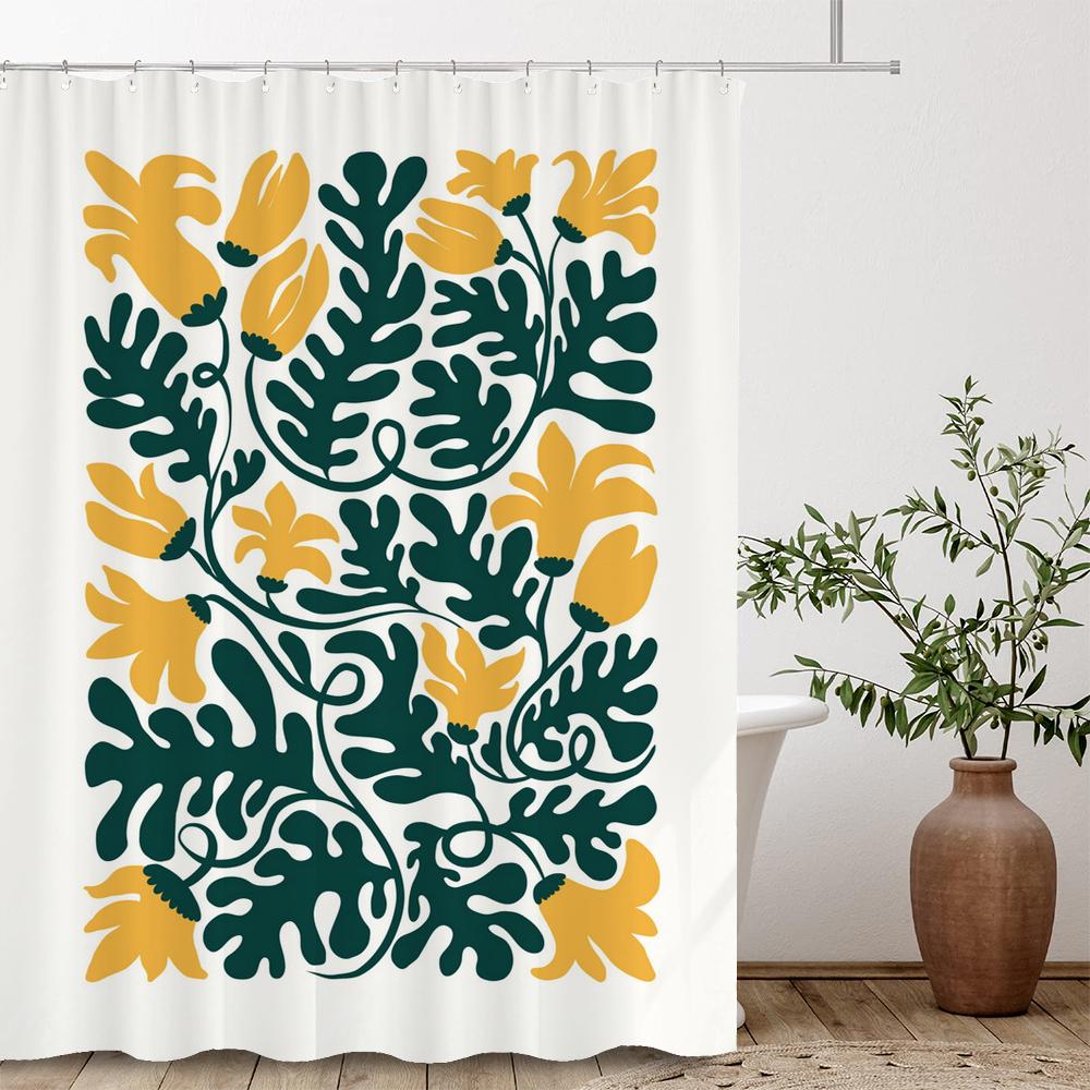 Artistic Abstract Plants and Flowers Print Shower Curtain Polyester Fabric Bath Curtain With Hooks Curtains For Bathroom Decor
