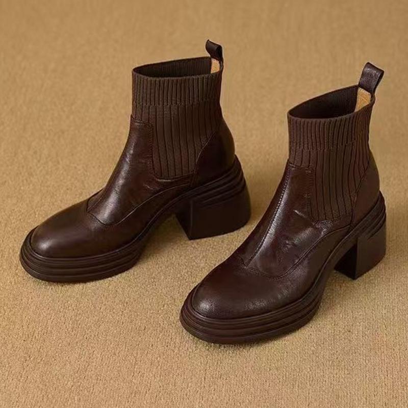 Fashion Autumn Warm Knitted Stretch Sock Boots for Women Retro Brown Sewing Design Platform Boots Comfort Waterproof Chunky Heel Boots