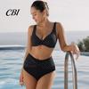Tummy Control Swimsuit 2Pcs/Set Plus Size Bikini Set, Cross-Chest V-Neck Bra with Built-In Support, Dot Print Set High-Waisted Twist Swim Bottoms,