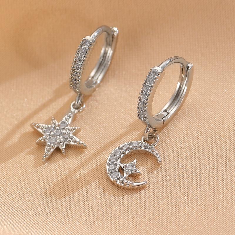 Asymmetric Zircon Pendant Earrings with Stars and Moon, Luxurious Quality Zircon, Trendy Women's Temperament, Daily Accessories