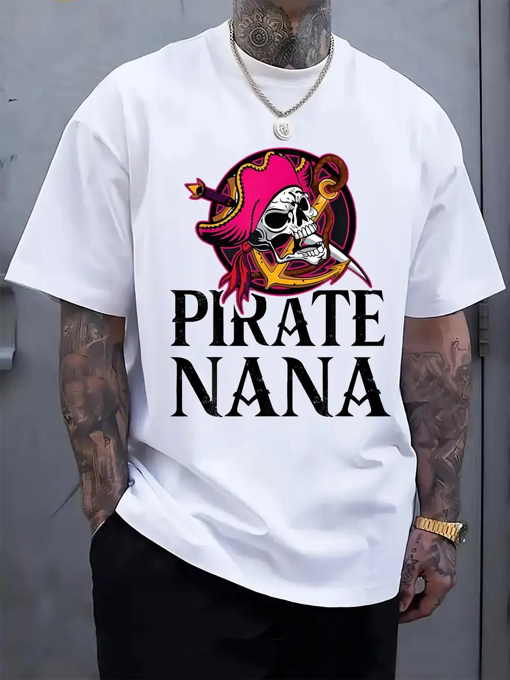 Round Neck Short Sleeve T-shirt Featuring a Pink Skull Pirate Nana Print XXXL