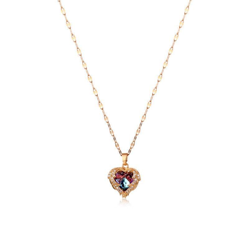 Korean Heart of the Ocean Necklace: Colorful Crystal Pendant, 18K Gold-Plated Titanium Steel, Light Luxury Clavicle Chain