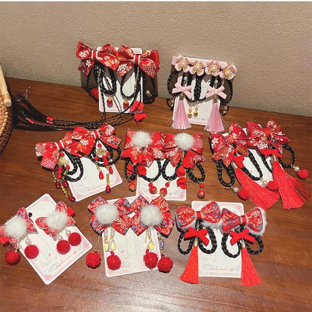 

2pcs Hanfu Headdress Children Red Hairclip Tassel Bow Wig Braid Hairpin Princess New Year Headwear 2