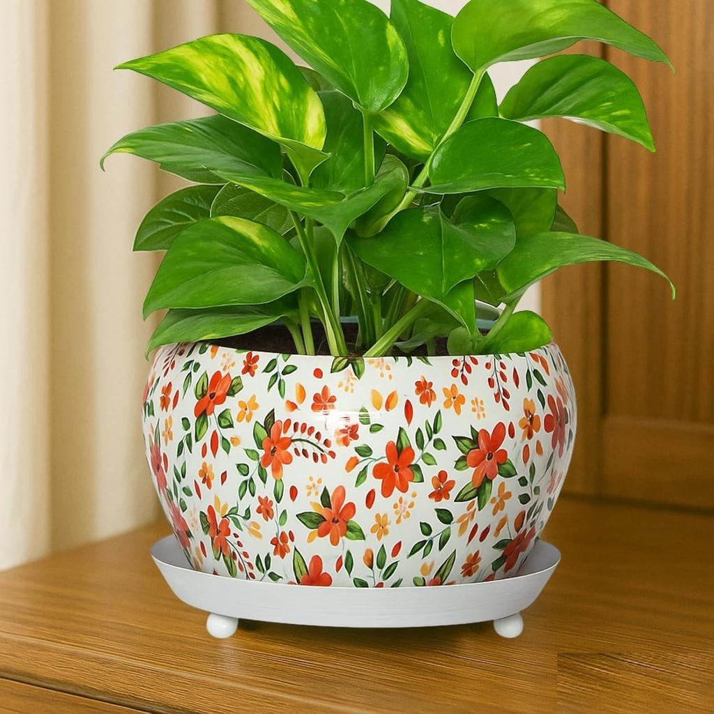 5 tommer, Lily Designer Blad Metall Plantepotte med Skålfat | Innendørs Utendørs Hjemmedekorasjon for Hageplanter Blomst, Balkong, Terrasse, Stue