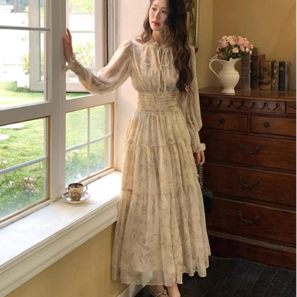 French-Style Floral Chiffon Dress For Women, Long Style, New Early Autumn Collection, Super Stylish, Waist-Cinching Long Dress