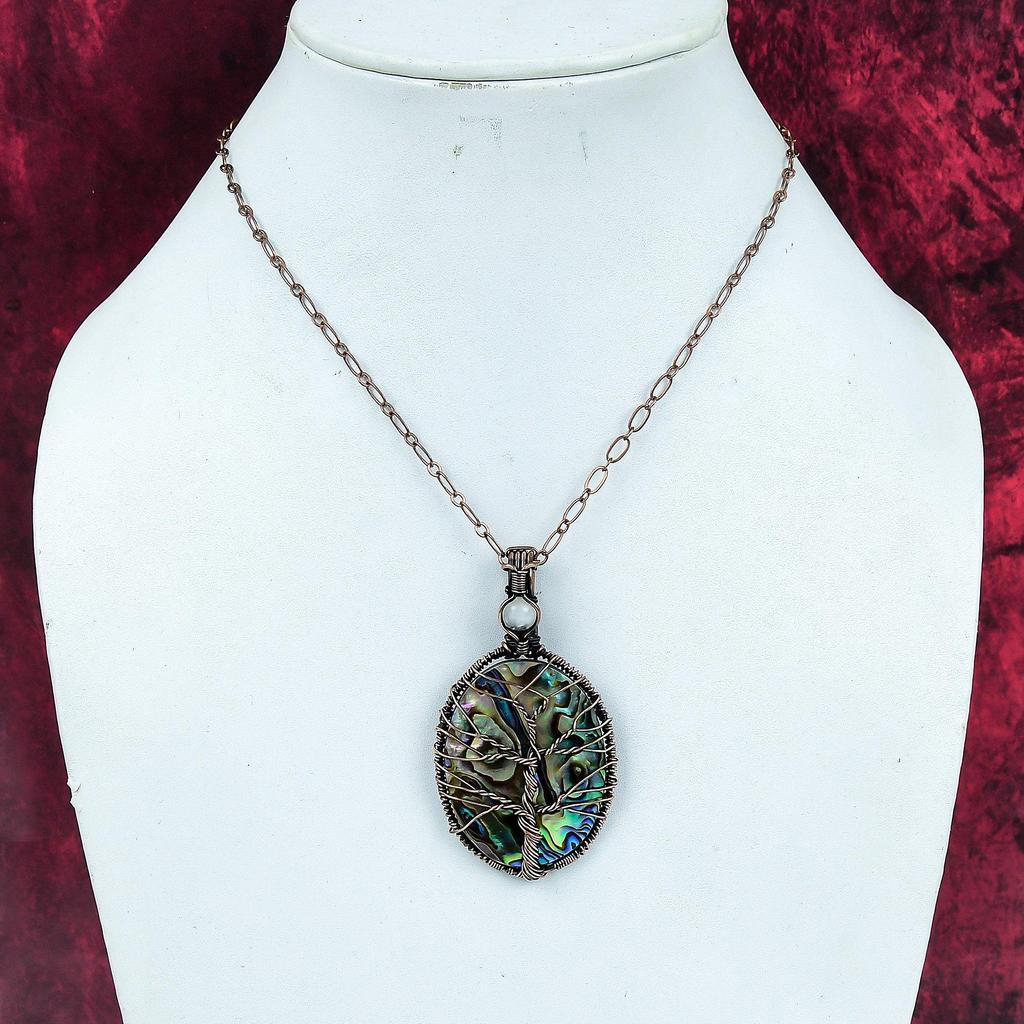 Tree Of Life Abalone Shell Pendant Copper Wire Wrapped Rainbow Moonstone Jewelry