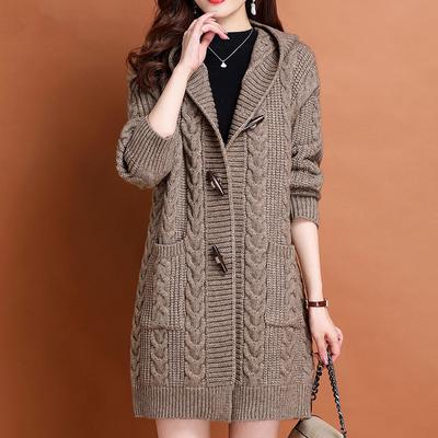Cow Horn Button Premium Sweater Coat Women's Autumn Winter Versatile Loose Medium Length Fried Dough Twists Hooded Cardigan