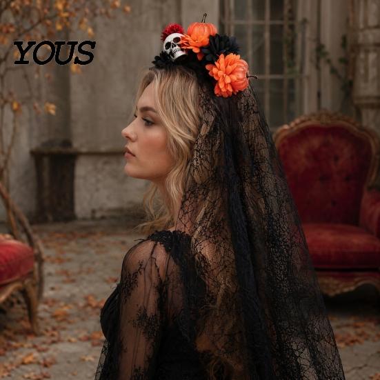 Halloween Party Hair Accessory Pumpkin Skull Floral Headband, Stable Hoop with 3D Artificial Costume Headband Flowers And Spiderweb Black Gauze Gothic