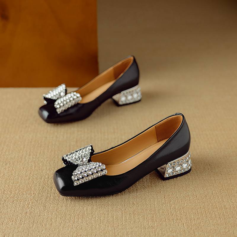 Krazing Pot Cow Skin Summer Size 40 Med Heels Crystal Butterfly-knot Decoration Square Toe Diamond Heels Gladiator Pumps
