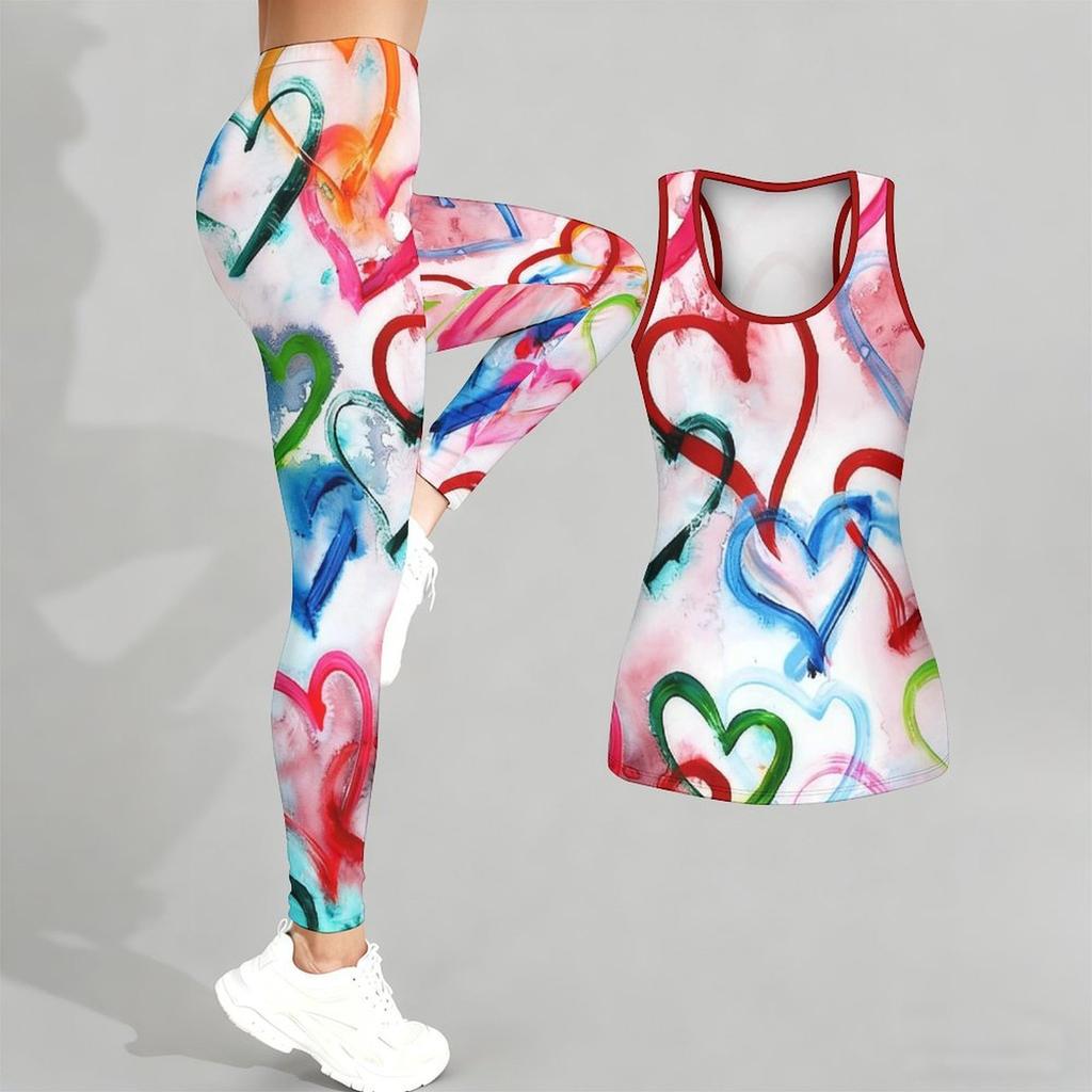 Completo Yoga Stampato a Forma di Cuore per Donna Moda Leggings da Allenamento Fitness Sportivo Set Yoga Casual Tuta Sportiva Esclusiva per San Valentino