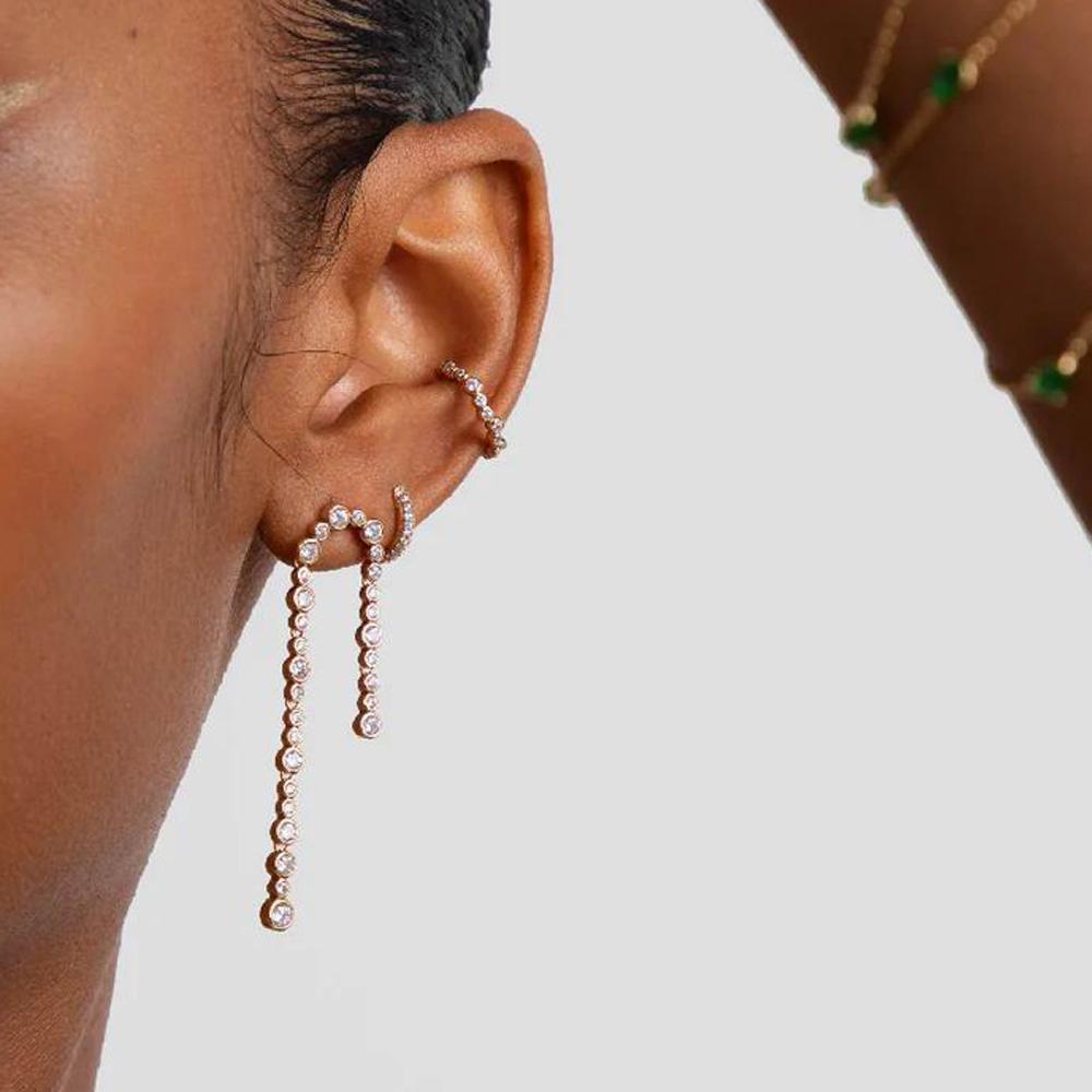 In Stock Double Mini Round Link Round Chain Pave Bling CZ Zircon Tassel Jewelry for Women Gold Silver Plated Dangle Stud Earring