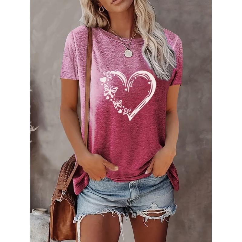 Heart shaped butterfly pattern print contrasting tie dye gradient fashion daily casual round neck short sleeved T-shirt women's new women's top