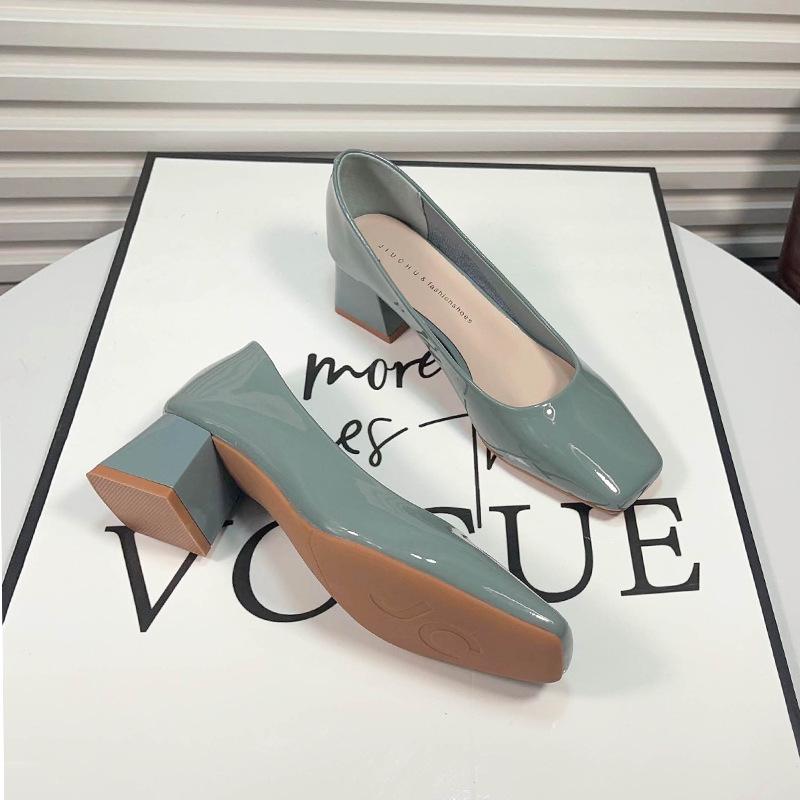 Women's 2024 Green Square Toe Chunky Heel Versatile Low-Cut High Heels