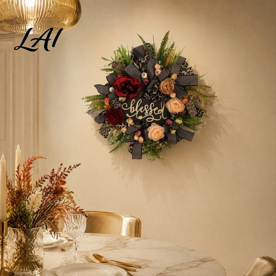 All Season Floral Decor Fall Leopard Print Wreath for Front Door Artificial with Home Blessed Sign Faux Peony Flower Wall Hanging Thanksgiving