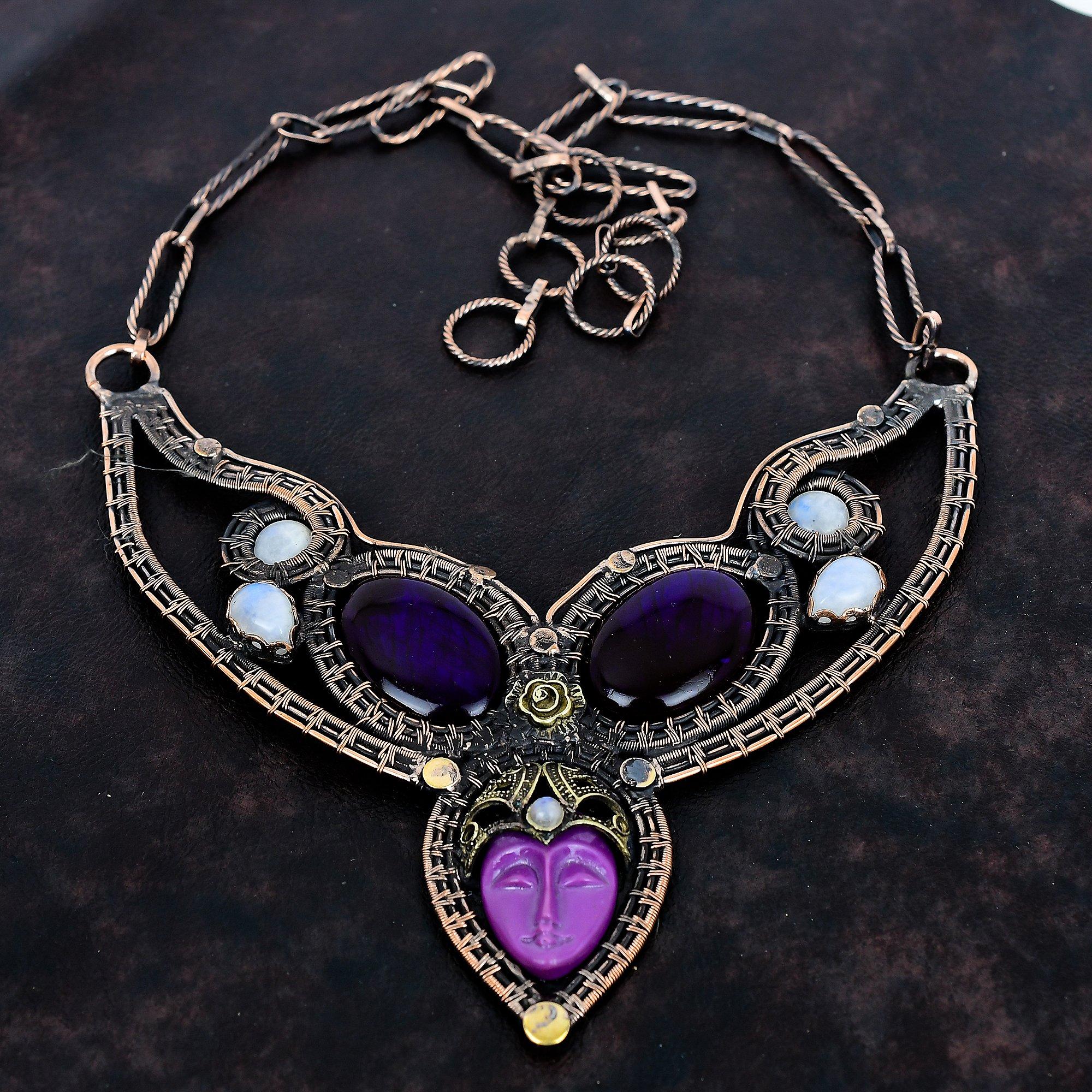

Purple carved bone face necklace copper wire wrapped adjustable chain necklace purple fire labradorite gemstone jewelry moonstone necklace Adjustable