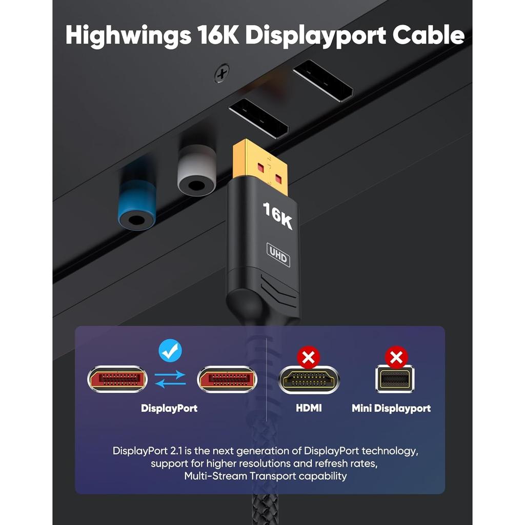 Displayport Cable 2.1, 16K DP 2.0 Cable [16K@60Hz, 8K@120Hz, 4K@240Hz 165Hz 144Hz] 54Gbps, HDCP DSC 1.2a, HDR10 FreeSync G-Sync for 3090 Graphics PC