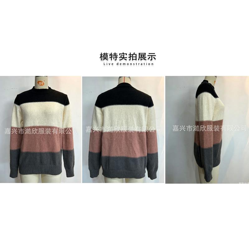Women S Color Block Pullover Round Neck Long Sleeve Knit Sweater Casual Top