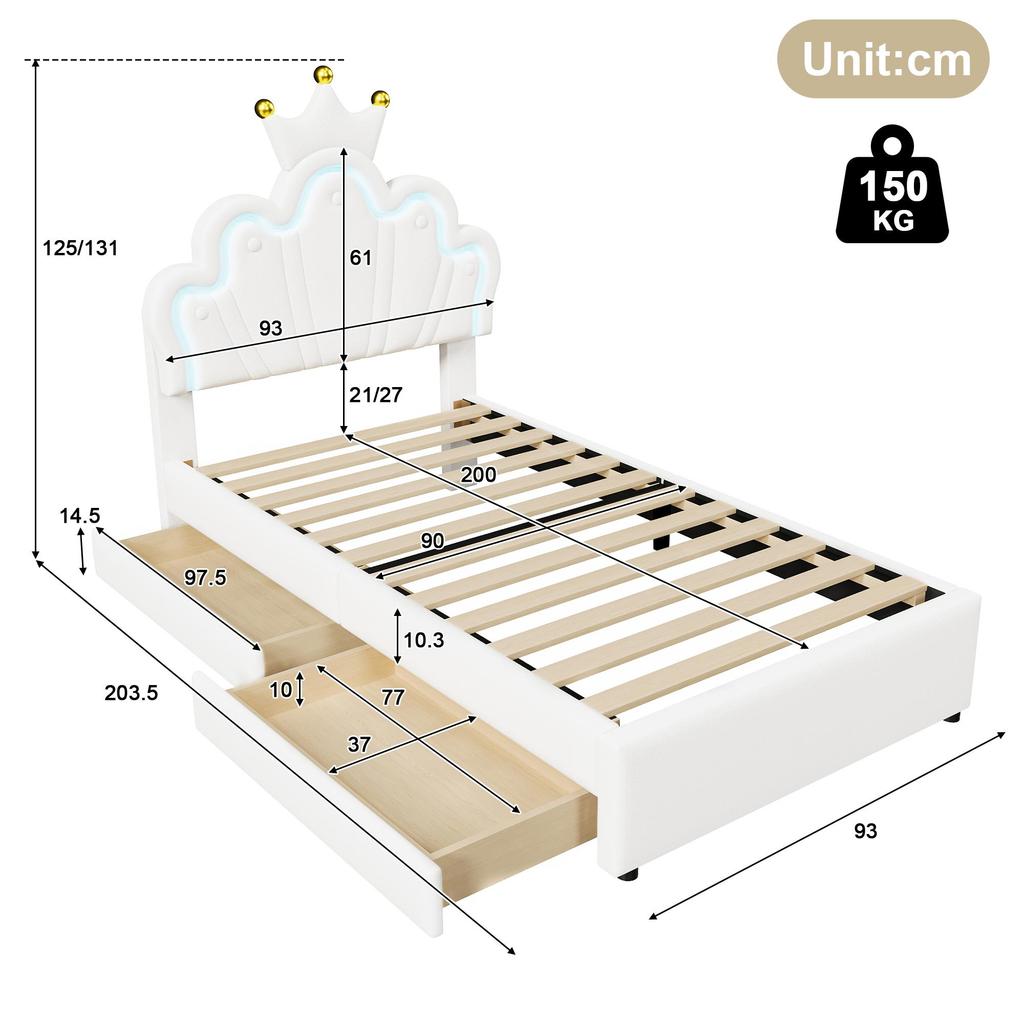Children's Bed Flieks 90x200 Cm with 2 Drawers, White