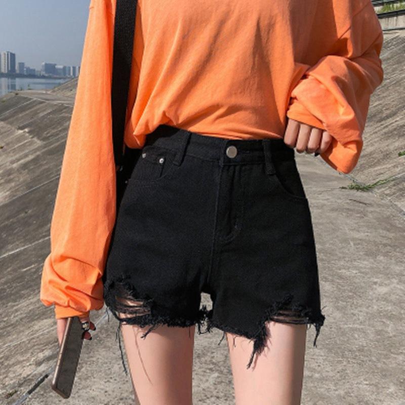Summer Pants Classic and Minimalist Fashion Versatile Black Women's High-waisted Loose Summer Hole-breaking Thin Burlap Wide-legged Son Denim Shorts