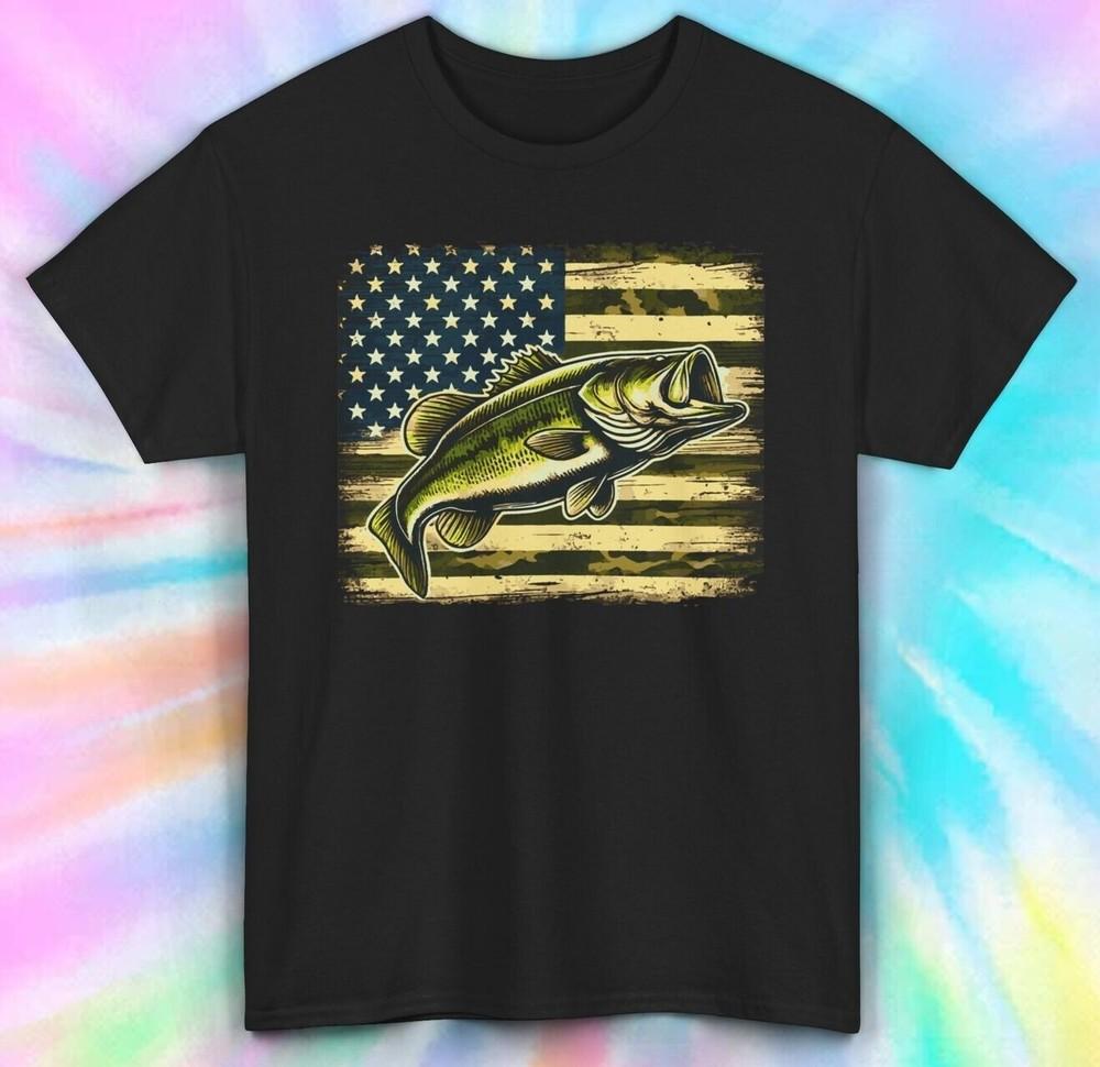 

American Flag Bass Fishing T-Shirt | Patriotic Tee | USA Fish Graphic Shirt L