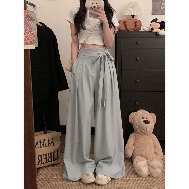 Kumikumi Stylish Blue High Waist with Straps Casual Pants Women Fall Easiest for Match Loose Drooping Wide-Leg Pants Pants