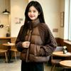Womens Short Puffer Jacket With Stand Collar Knit Sleeve Panel White Duck Down Fill Warm Loose Fit Winter Outdoor Daily