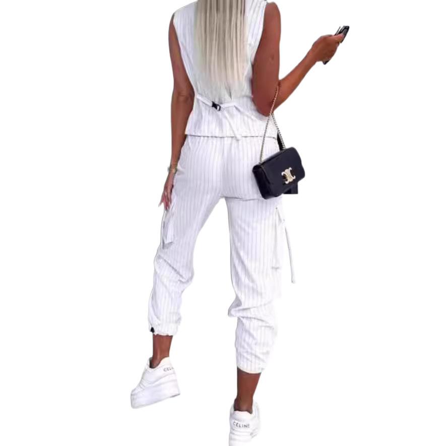 Summer Women's White Striped Vest Suit Casual V-neck Button Top Pocket Loose Pants Outfits Two-piece Suit for Women Elegant