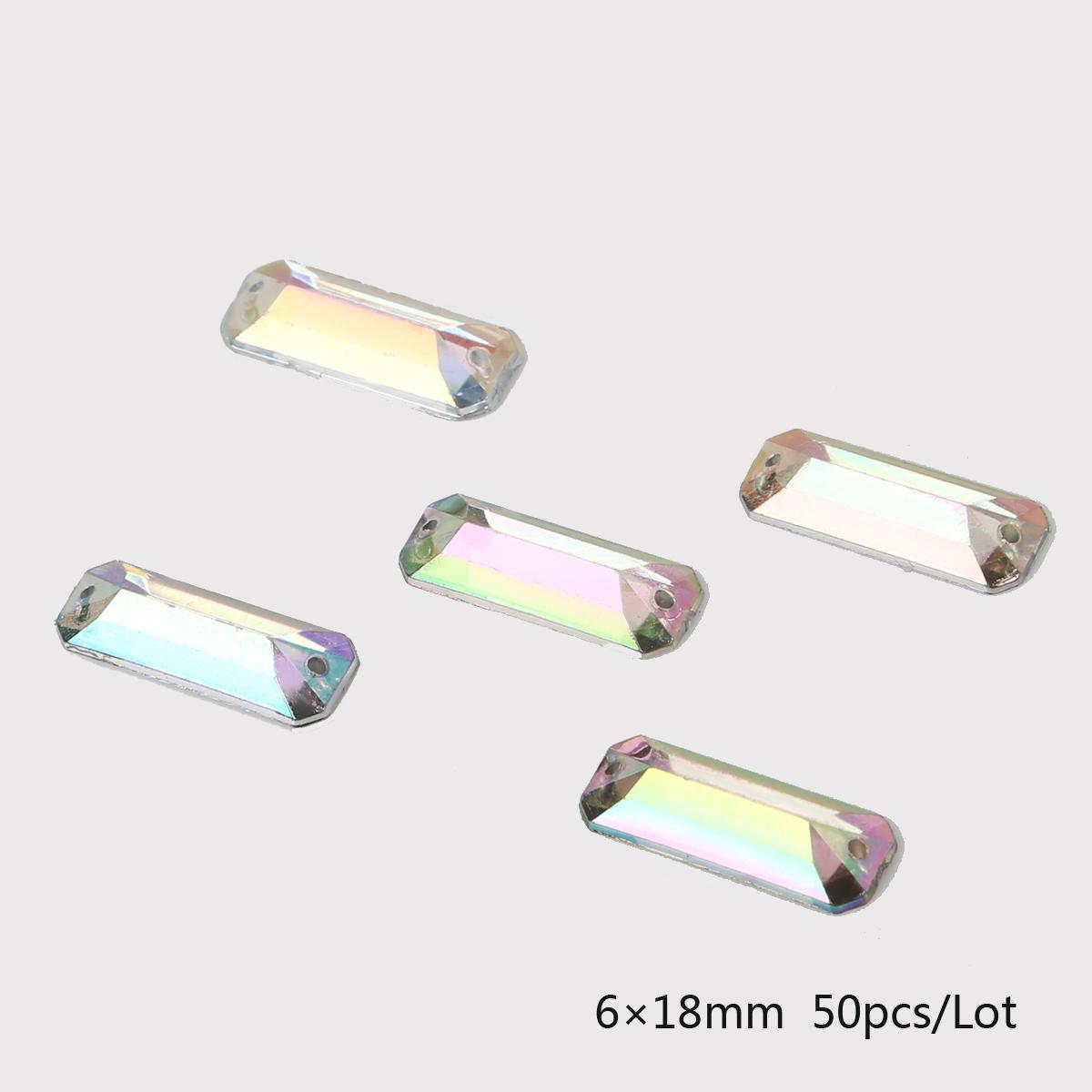 

50-200 шт. акриловые дрели с двойным отверстием и плоским дном, прямоугольные хрустальные стразы с плоским дном для DIY свадебного платья/аксессуаров для одежды 6x18mm 50pcs разноцветный/белый