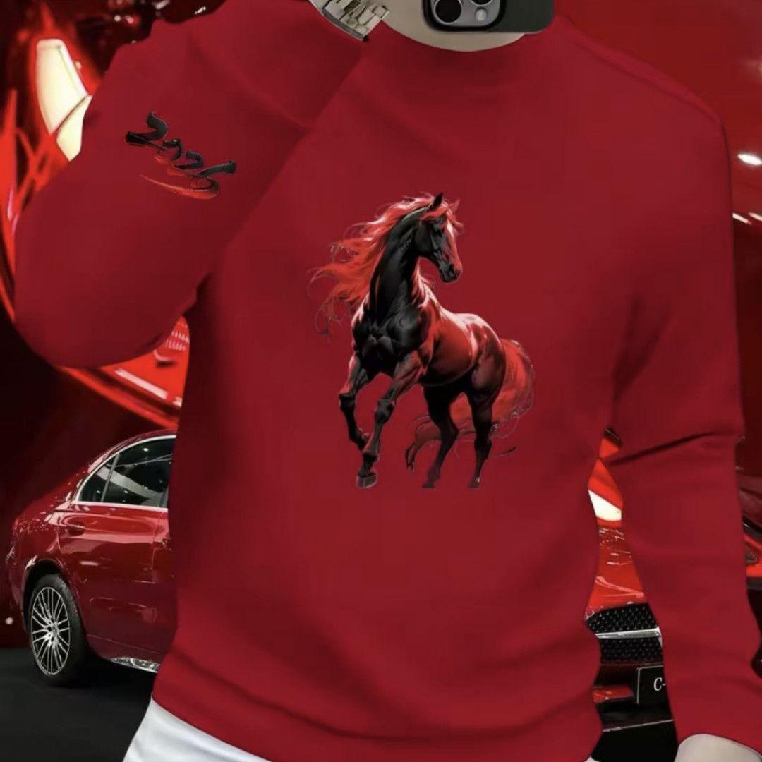 Men s Autumn & Winter Plus-Size Velvet Hoodie, Galloping Horse Print, Year of the Horse Edition. M