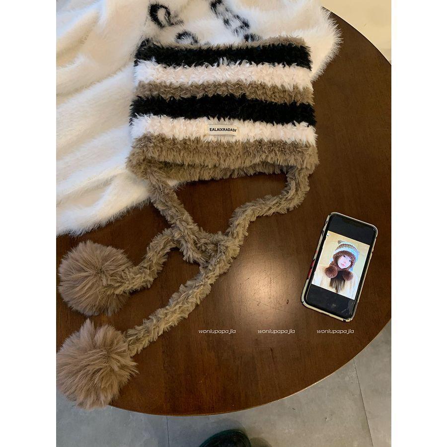 

Korean-style new cute color-blocked striped letter patch plush ear-protecting hat, warm and versatile, can be used as a Lei Feng hat Average Size