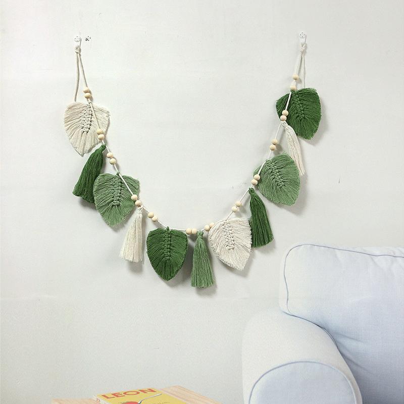 Бохо-листья макраме настенный гобелен хлопковая веревка ручная работа кисточка настенный — фото 3