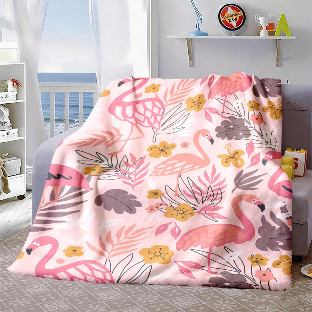 2026 New Arrivals Cozy Flannel Throw Blanket with Pink Background, Green Leaves & Beautiful Flamingo Design Perfect for All Seasons, Office Naps, And