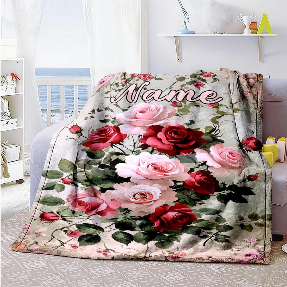 Vintage Pink Peony Flowers Personalized Text Blanket Cozy Personalized Blanket Comfortable Suitable for Living Room Livingroom Couch Seaside