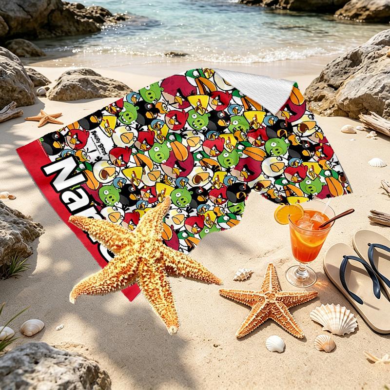 Custom Name Personalized Angry Birds Print Beach Towel, for Trip Camping Beach Party Home Decor, Birthday Gift for Family & Friends