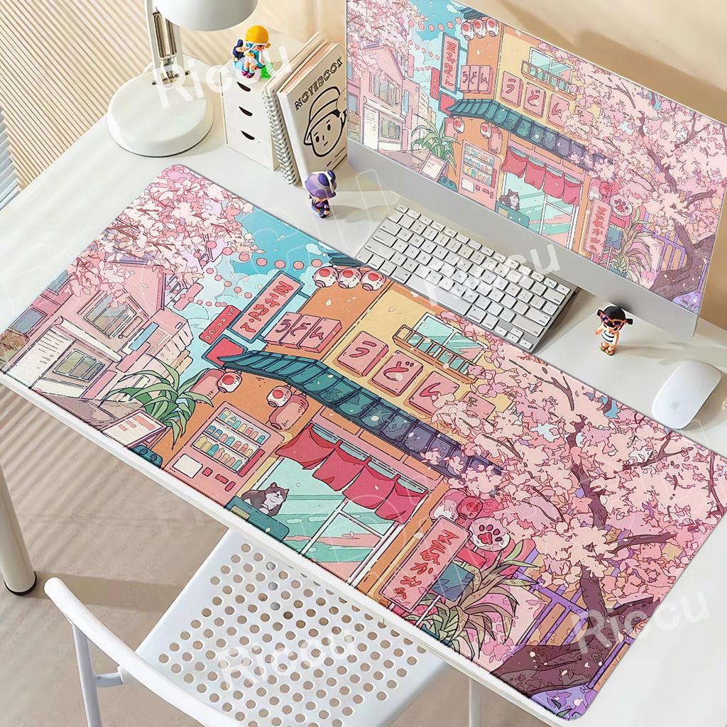 Anime Cat Mouse Pad Pink Cherry Blossom Street Landscape Mousepad Gaming PC Cabinet Mousemat Office Desk Accessories XXL Deskmat