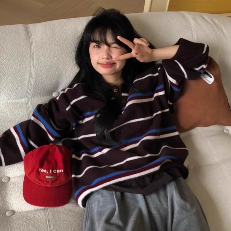 

Контрастный полосатый lO рубашка осень и зима новый свободный ленивый стиль мягкий восковой вязаный свитер топ отложной свитер average size [recommended 80-60kg]