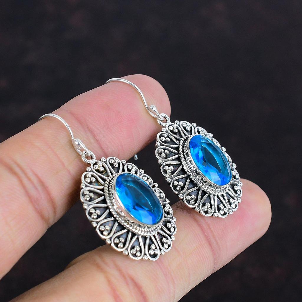 Faceted London Blue Topaz Earring Vintage Earrings Natural Gemstone Jewelry 925 Sterling Silver Earring Handmade Dangle Earring Gift For Her