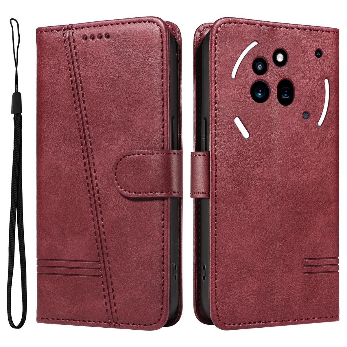 

For Nothing Phone (3a) Pro Wallet Case T-Shape Lines Leather Phone Cover Stand Wine Red