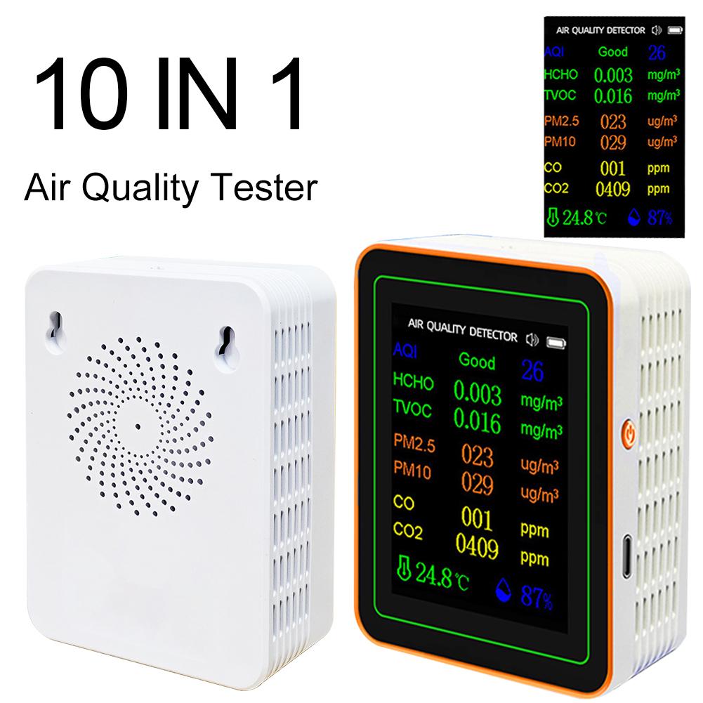 

10 in 1 Air Quality Monitor Formaldehyde Temperature Humidity AQI Tester with Alarm Formaldehyde CO2 Detector for Indoor/Outdoor чёрный