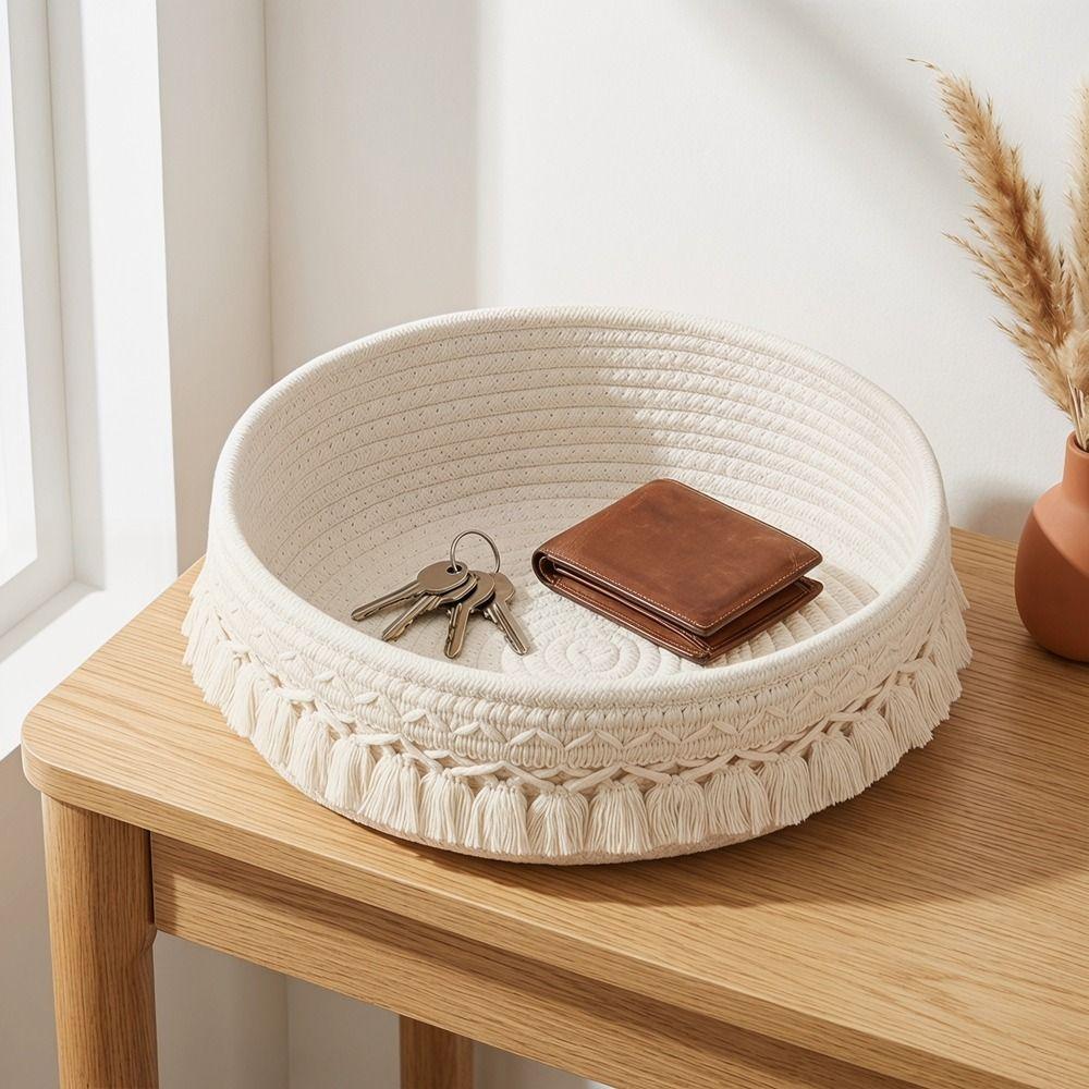 Cotton Rope Woven Storage Basket Bohemian Style Large Capacity Sundries Organizer Save Space with Tassel Cosmetic Storage Basket