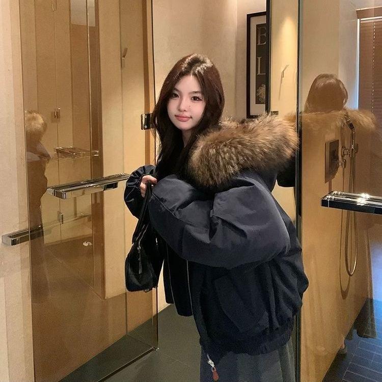 Winter Warm Hooded Coat Retro American Style Thickened Down Jacket with Fur Collar
