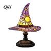 Fantasy Glass Lampshade Stained Style Witch Hat Lamp, USB Powered Resin Wizard Night Light Dorm Room Desk Lamp with Sun Star, Gothic Halloween