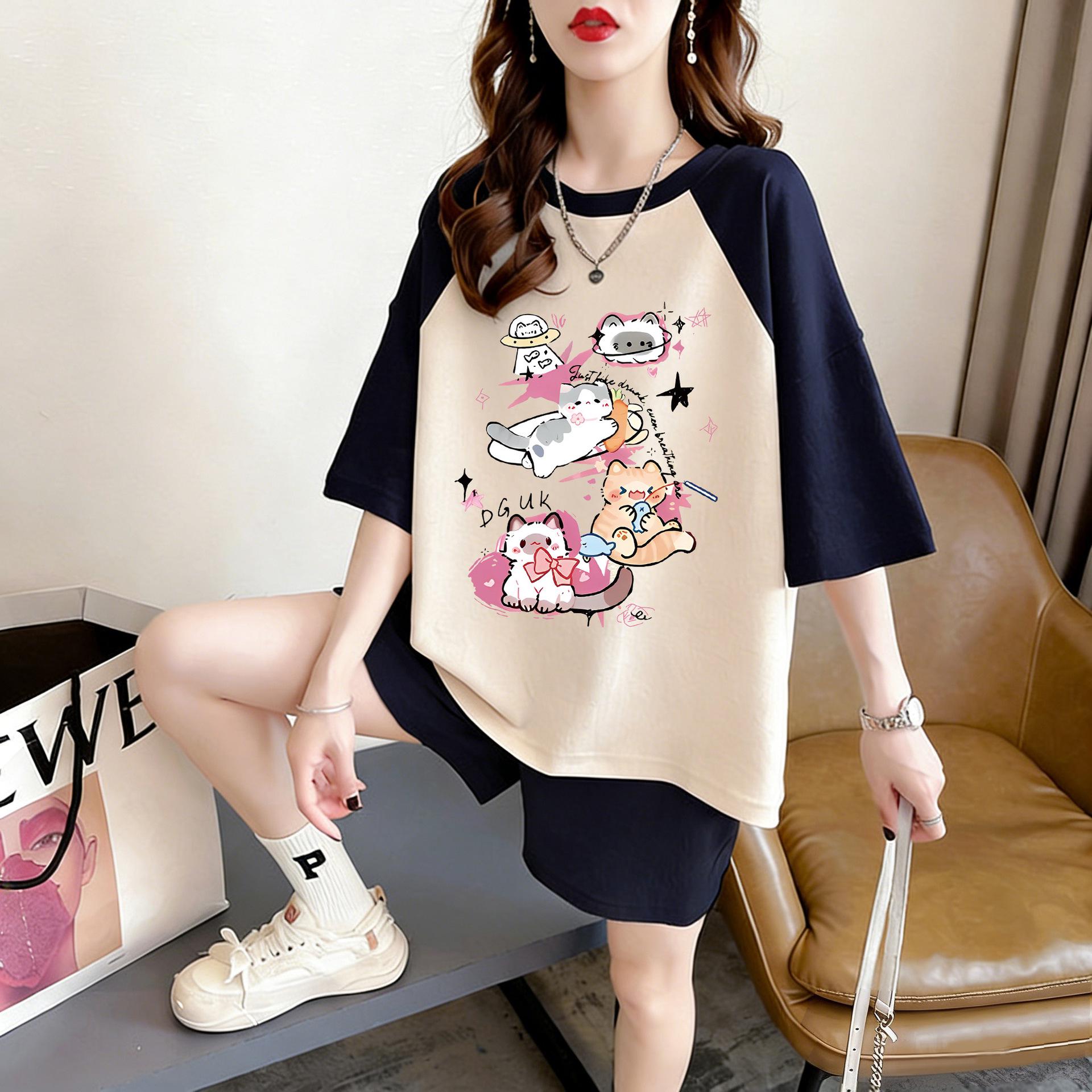 

2026 Summer Casual Cat Graffiti Short Sleeve T-Shirt Double Extra Large