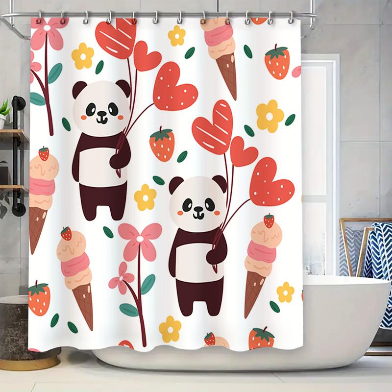 

Adorable Panda Hearts Shower Curtain For Bathroom Decor With Ice Cream Flowers Design Pink Red Color Pattern Fabric Waterproof S W60H190(CM)-1 Pcs