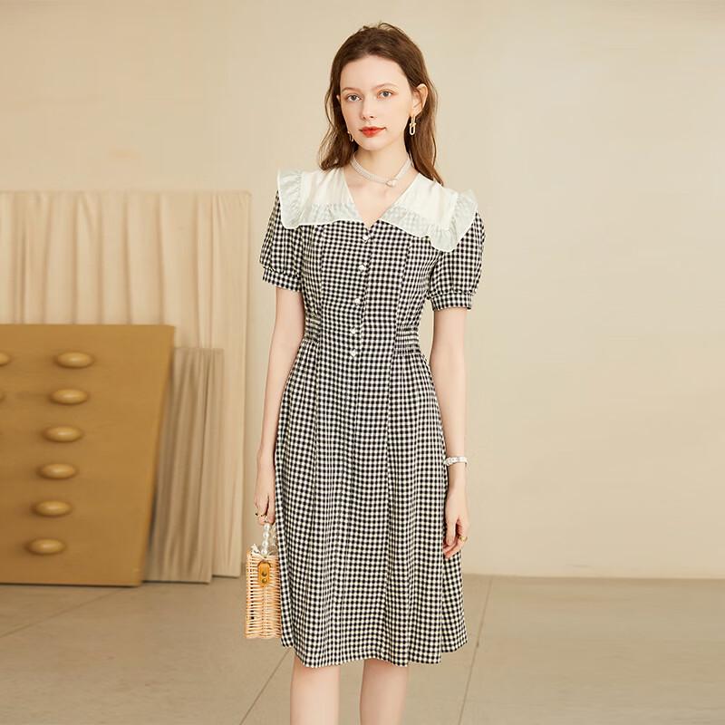 Bailuyu Summer Plaid Contrast Doll Collar Dress